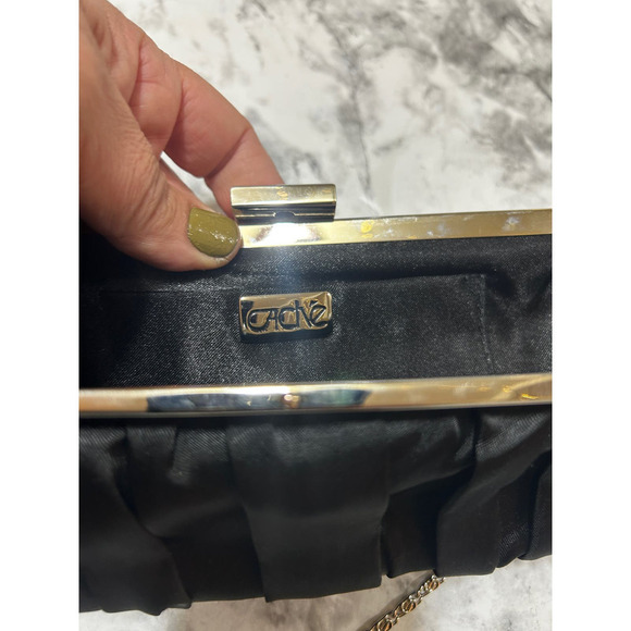 Cache Convertible Black Satin Clutch Bag S Silver Chain Evening Shoulder Purse - Picture 10 of 12